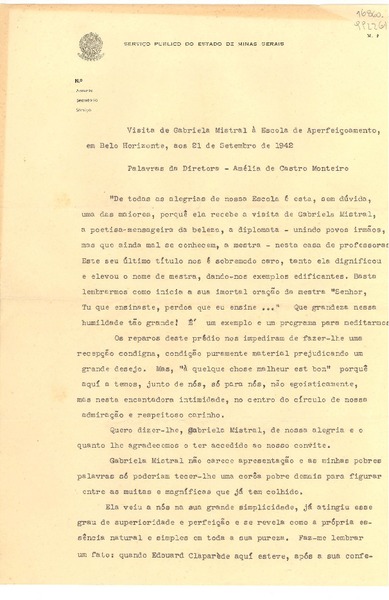 [Carta] 1942, Belo Horizonte, [Brasil] [a] Gabriela Mistral