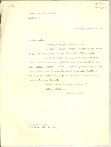 [Carta] 1952 mar. 28, Nápoles, [Italia] [a] Servicio Científico Roche, Montevideo, [Uruguay]