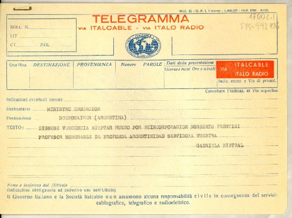 [Telegrama] [1951 nov.?], [Italia?] [a] Ministro Educación, Buenos Aires, Argentina