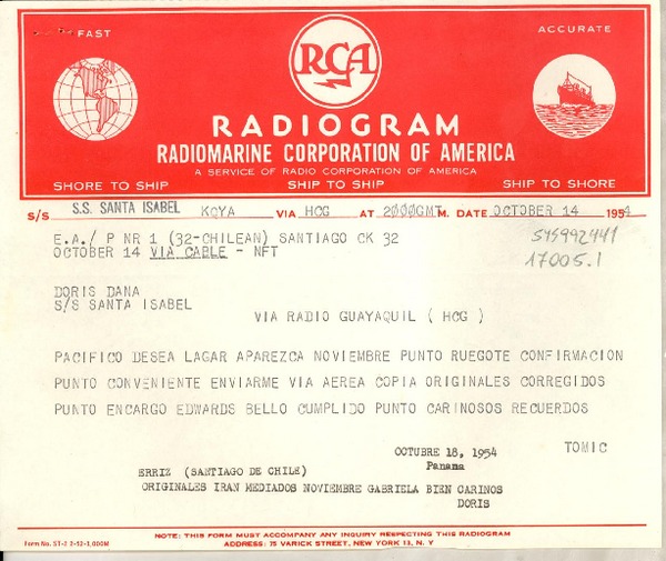 [Telegrama] 1954 oct. 14, Santiago, Chile [a] Doris Dana