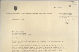 [Carta] 1971 Jan. 13, Baltimore, Maryland, [Estados Unidos] [a] Miss Joan Daves, 515 Madison Avenue, New York, New York