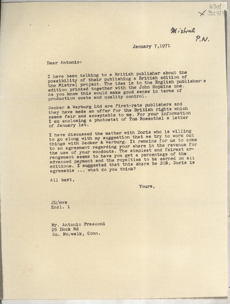 [Carta] 1971 Jan. 7, [Estados Unidos] [a] Mr. Antonio Frasconi, Norwalk, Conn.