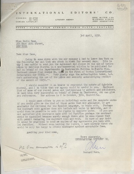 [Carta] 1958 Apr. 3, Bmé. Mitre 1192, Buenos Aires, Rep. Argentina [a] Miss Doris Dana, 204 East 20th Street, New York, [EE.UU.]