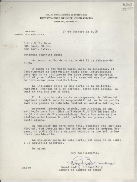 [Carta] 1958 feb. 17, Hato Rey, Puerto Rico [a] Srta. Doris Dana, 204 East, 20 St., New York, N. Y. C.
