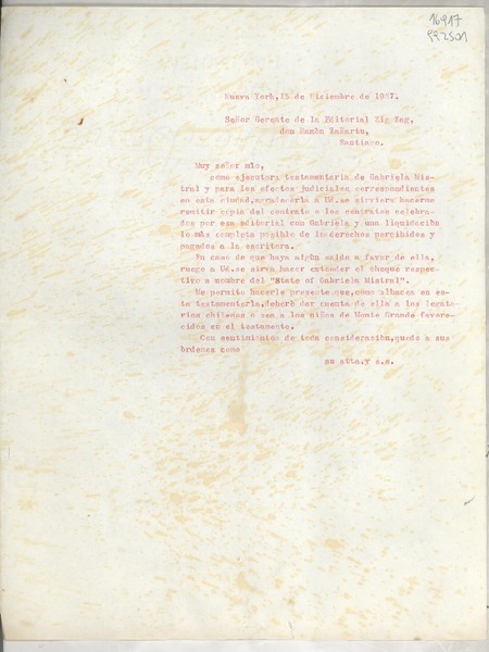 [Carta] 1957 dic. 15, Nueva York, [EE.UU.] [al] Señor Gerente de la Editorial Zig-Zag, don Ramón Zañartu, Santiago, [Chile]