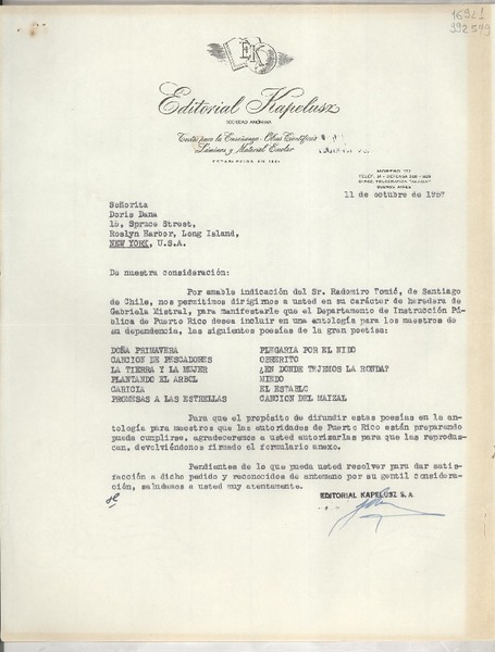 [Carta] 1957 oct. 11, [Buenos Aires, Argentina] [a] Señorita Doris Dana, 15 Spruce Street, Roslyn Harbor, Long Island, New York