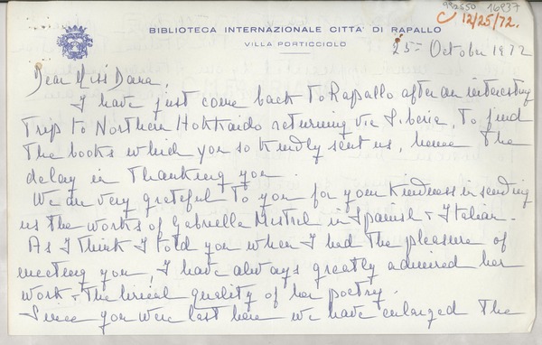 [Carta] 1972 Oct. 25, Rapallo, [Italy] [a] Dear Miss Dana