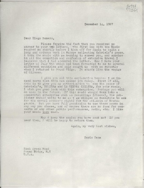 [Carta] 1967 Dec. 14, Hack Green Road, Pound Ridge, N. Y., U.S.A. [a] Diego Romero