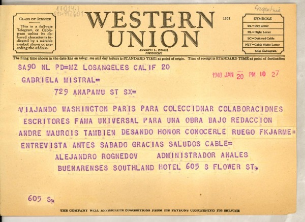 [Telegrama] 1948 jan. 20, Los Angeles, California, [Estados Unidos] [a] Gabriela Mistral, [California, Estados Unidos]
