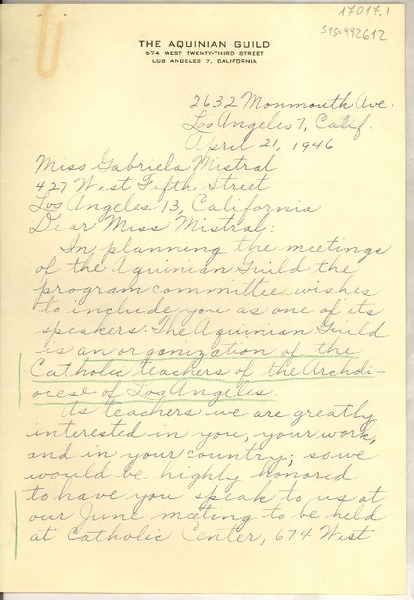 [Carta] 1946 apr. 21, Los Angeles, California, [Estados Unidos] [a] Gabriela Mistral, Los Angeles, California, [Estados Unidos]