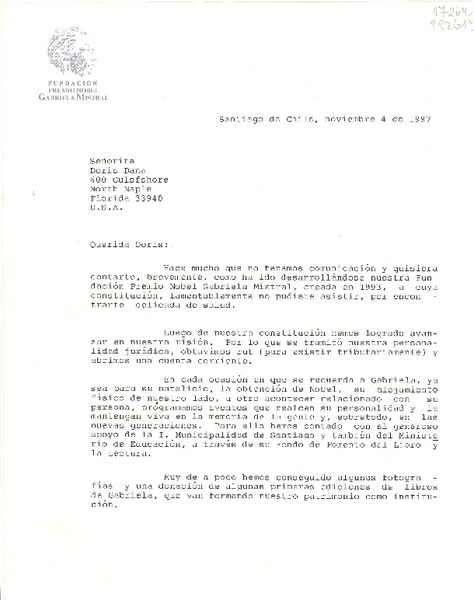 [Carta] 1997 nov. 4, Santiago de Chile [a la] Señorita Doris Dana, 600 Gulsfshore, North Naple, Florida 33940, U.S.A