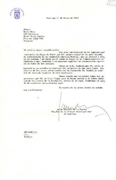 [Carta] 1993 mar. 11, Santiago, [Chile] [a la] Señora Doris Dana, 600 Gulfsshore, Blod - North Naples, Florida 33940, USA