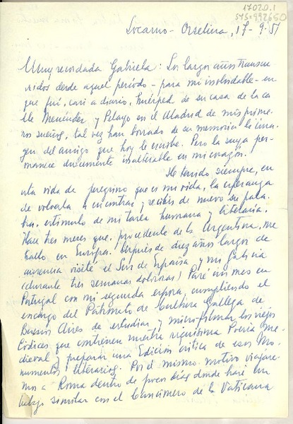 [Carta] 1951 sep. 17, Orselina, Locarno, Suiza [a] Gabriela [Mistral]