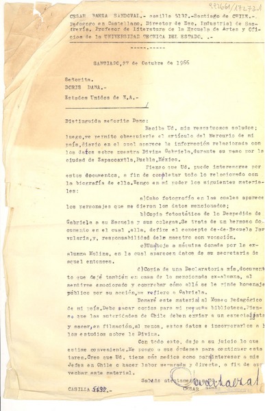 [Carta] 1966 dic. 27, Casilla 5132, Santiago de Chile [a la] Señorita Doris Dana, Hack Green Road (Box) 284, Pound Ridge, Nueva York, Estados Unidos de Norteamérica