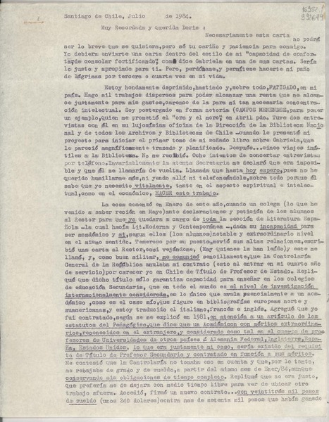 [Carta] 1984 jul., Santiago de Chile [a] Muy recordada y querida Doris