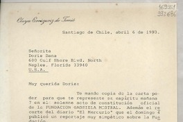 [Carta] 1993 abr. 6, Santiago de Chile [a] Señorita Doris Dana, 600 Gulf Shore Blvd. North Naples, Florida, USA