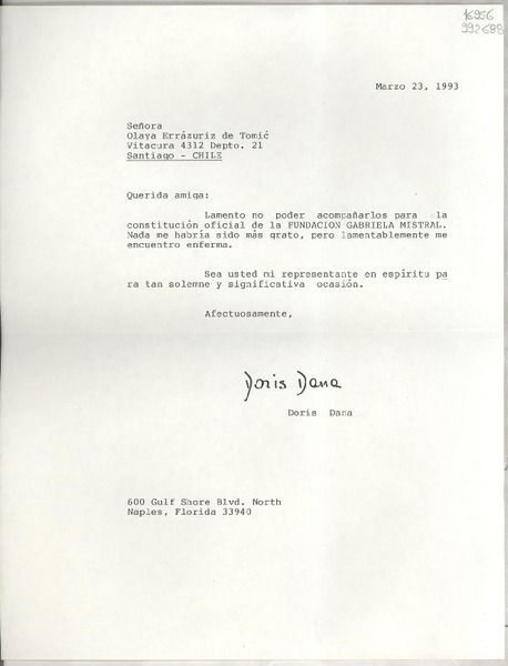 [Carta] 1993 mar. 23, Naples, Florida, [Estados Unidos] [a] Señora Olaya Errázuriz de Tomic, Vitacura 4312, Depto. 21, Santiago, Chile