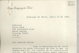 [Carta] 1993 abr. 12, Santiago de Chile [a] Señorita Doris Dana, 600 Gulf Shore Blvd. North Naples, Florida, USA