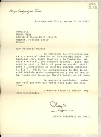 [Carta] 1993 mar. 23, Santiago de Chile [a] Señorita Doris Dana, 600 Gulf Shore Blvd. North Naples, Florida, USA