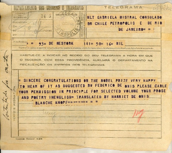 [Telegrama] 1945 nov 17, New York, [Estados Unidos] [a] Gabriela Mistral, Consulado de Chile, Petrópolis e de Rio de Janeiro, [Brasil]