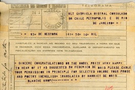 [Telegrama] 1945 nov 17, New York, [Estados Unidos] [a] Gabriela Mistral, Consulado de Chile, Petrópolis e de Rio de Janeiro, [Brasil]