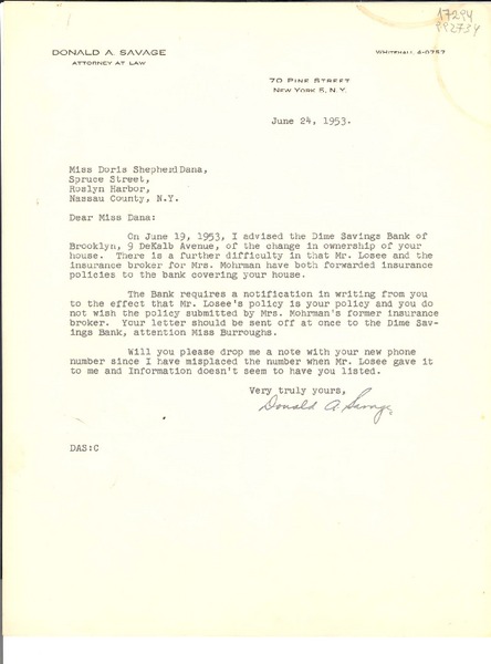 [Carta] 1953 June 24, 70 Pine Street, New York 5, N.Y., [EE.UU.] [a] Miss Doris Shepherd Dana, Spruce Street, Roslyn Harbor, Nassau County, N. Y., [EE.UU.]