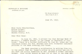 [Carta] 1953 June 24, 70 Pine Street, New York 5, N.Y., [EE.UU.] [a] Miss Doris Shepherd Dana, Spruce Street, Roslyn Harbor, Nassau County, N. Y., [EE.UU.]