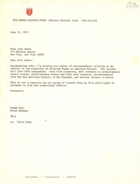[Carta] 1971 June 21, The Johns Hopkins Press, Baltimore, Maryland 21218, [EE.UU.] [a] Miss Joan Daves, 515 Madison Avenue, New York, New York 10022, [EE.UU.]