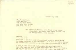 [Carta] 1971 Oct. 1, Box 784, Hildreth Lane, Bridgehampton, New York 11932, [EE.UU.] [a] Mr. William Luce, BQLI Section, The New York Times, 229 West 43rd Street, New York, New York, [EE.UU.]