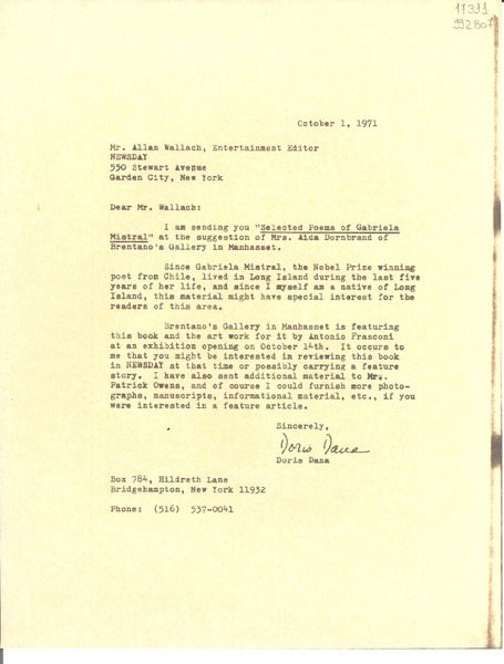 [Carta] 1971 Oct. 1, Bridgehampton, New York, [Estados Unidos] [a] Allan Wallach