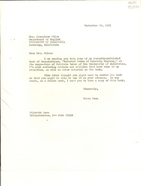 [Carta] 1971 Sept. 20, Bridgehampton, New York, [Estados Unidos] [a] Josephine Miles, Berkeley, California
