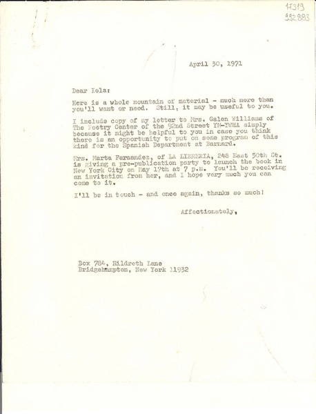 [Carta] 1971 Apr. 30, New York, [Estados Unidos] [a] Dear Iola