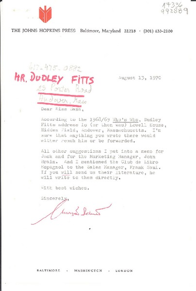 [Carta] 1970 Aug. 13, [EE.UU.] [a] Dear Miss Dana