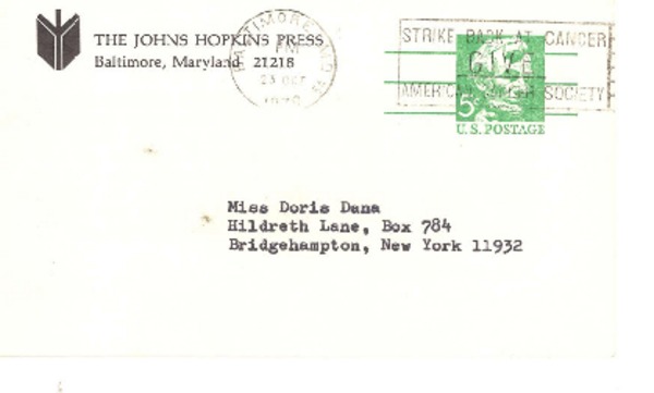 [Tarjeta] 1970 Oct. 22, [Baltimore, Maryland, Estados Unidos] [a] Miss Doris Dana, Hildreth Lane, Bridgehampton, New York