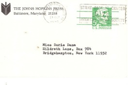 [Tarjeta] 1970 Oct. 22, [Baltimore, Maryland, Estados Unidos] [a] Miss Doris Dana, Hildreth Lane, Bridgehampton, New York
