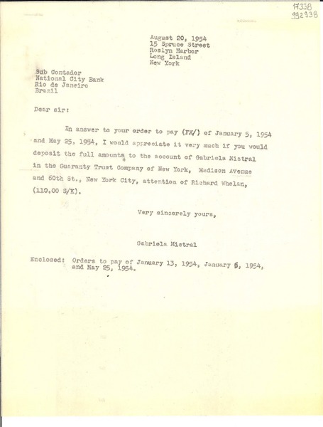 [Carta] 1954 Aug. 20, Roslyn Harbor, Long Island, New York, [Estados Unidos] [a] Sub Contador, National City Bank, Río de Janeiro, Brazil