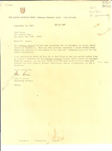 [Carta] 1971 Sept. 22, [Baltimore, Maryland, Estados Unidos] [a] Joan Daves, New York