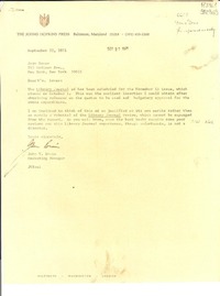 [Carta] 1971 Sept. 22, [Baltimore, Maryland, Estados Unidos] [a] Joan Daves, New York