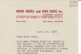 [Carta] 1962 Apr. 20, [New York, Estados Unidos] [a] Miss Doris Dana