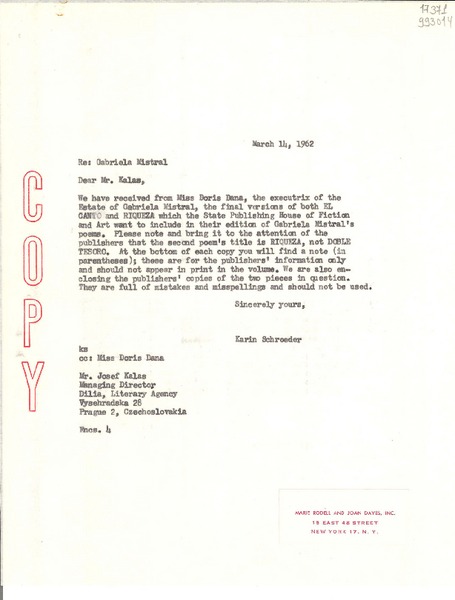 [Carta] 1962 Mar. 14, [New York, Estados Unidos] [a] Mr. Josef Kalas, Prague, Czechoslovakia