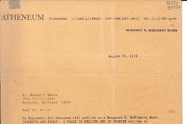 [Carta] 1972 Aug. 25, [New York, Estados Unidos] [a] Margaret Bates, Bethesda, Maryland