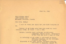 [Carta] 1946 June 14 [a] Miss Gladys Mckay, Brandon, Manitoba, Canada