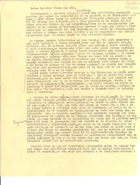 [Carta] 1936 oct. 12, [al] Señor D. Félix Nieto del Río, Bs. Aires, [Argentina]