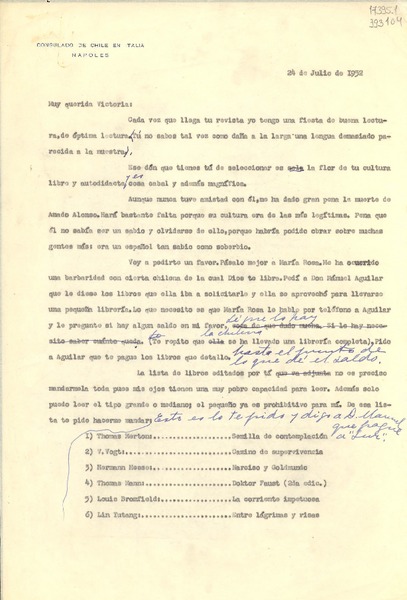 [Carta] 1952 jul. 24, [Nápoles, Italia] [a] Muy querida Victoria