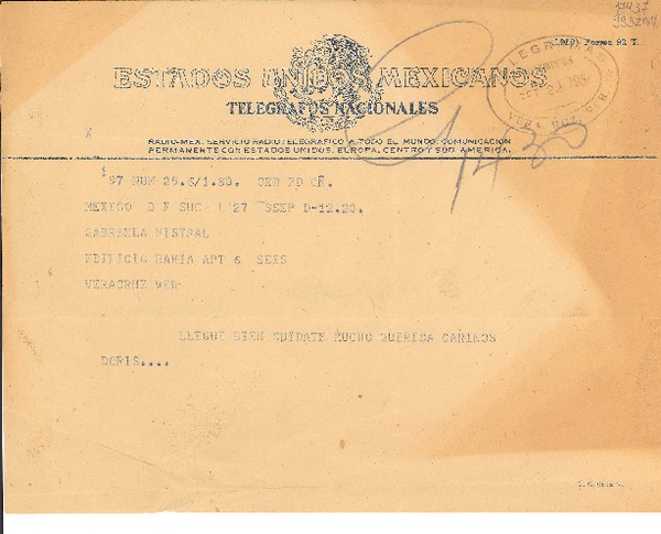 [Telegrama] 1950 sept. 22, México D. F. [a] Gabriela Mistral, Veracruz