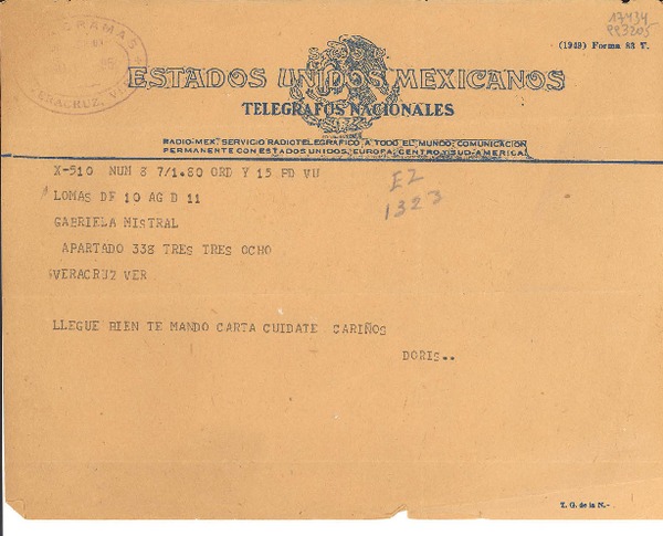 [Telegrama] [1950], [México D. F.] [a] Gabriela Mistral, Veracruz, [México]