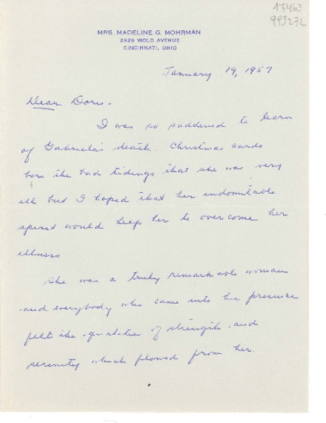 [Carta] 1957 Jan. 19, 2928 Wold Avenue, Cincinnati, Ohio, [EE.UU.] [a] Dear Doris [Dana]