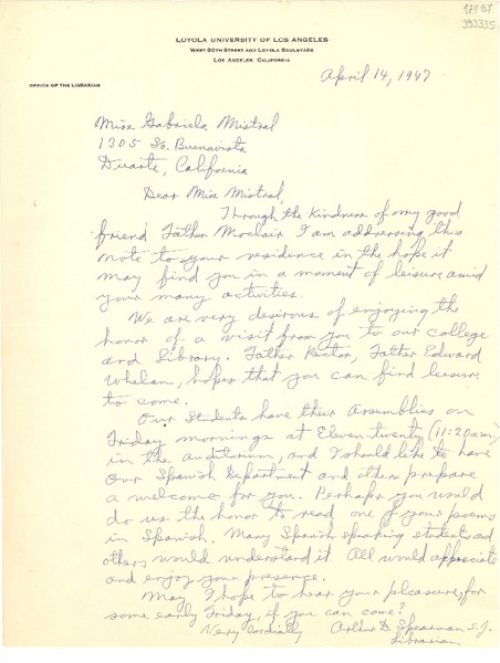 [Carta] 1947 Apr. 14, Los Angeles, California, [Estados Unidos] [a] Miss Gabriela Mistral, Duarte, California