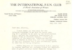 [Carta] 1953 July 9, Chelsea, London, [Inglaterra] [a] Dear Mme. Mistral