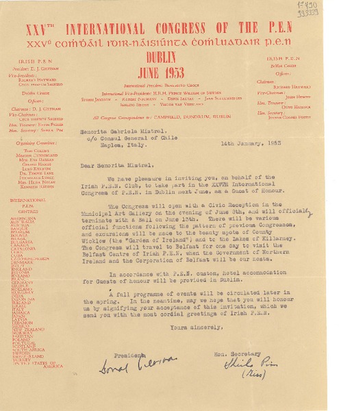 [Carta] 1953 Jan. 14, Dublin, [Irlanda] [a] Señorita Gabriela Mistral, Naples, Italy